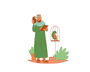 An arabic man with birds in a cage and on his shoulders. Vector design for animal fostering and adoption concept illustration