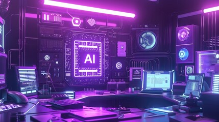 High Tech Lab with AI Chip and surrounded by various electronic devices, AI, Artificial Intelligence concept background
