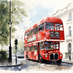  Watercolor illustration , double decker bus passing through the town .London sightseeing.AI generation