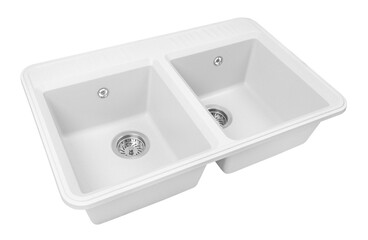 white stone kitchen sink two bowls isolated