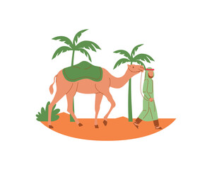 An Arabian man pilgrim walking in the desert with a camel next to the palm trees. Vector illustration design for animal fostering and adoption concept design.