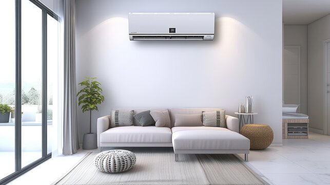 An image of a wall mounted air conditioner in a living room