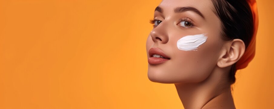 Beautiful young woman with sun protection cream on her face against orange background, closeup.