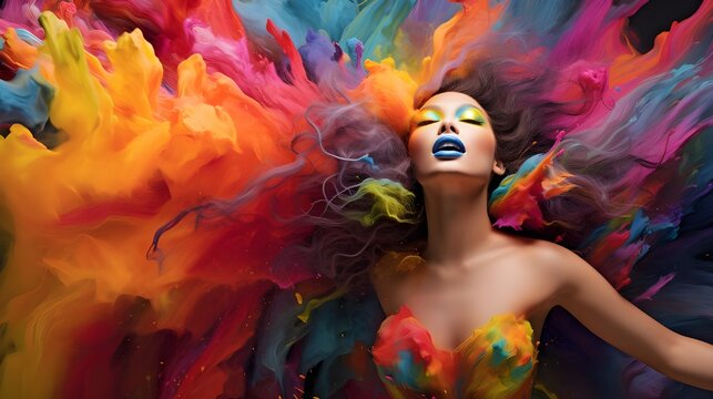 fashion model and colorful smoke festival background