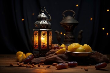 Holy Ramadan concept. lantern, dates fruit - generative ai