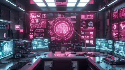 Obraz premium High Tech Lab with AI Chip and surrounded by various electronic devices, AI, Artificial Intelligence concept background