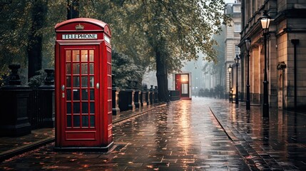 Classic, red telephone booth, London street, iconic, British landmark, communication, vintage, street view, traditional. Generated by AI.