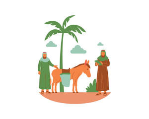 Arabic people with donkey and palm tree vector illustration design.