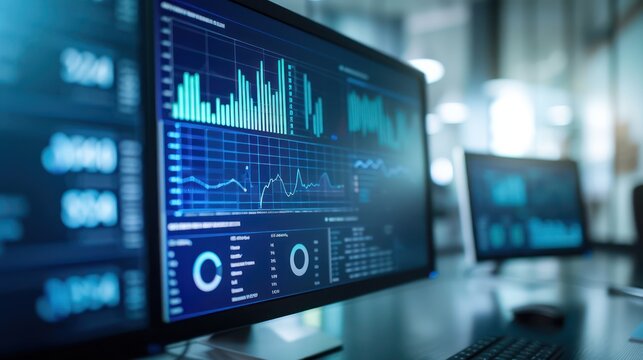 Computer screen displaying graphs and data. Suitable for business presentations and reports