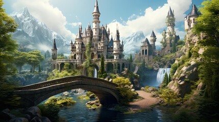 Enchanting fairytale castle, grand turrets, secretive drawbridges, mysterious secrets, beckoning adventurers, magical world. Generated by AI.
