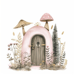 Fairy door: A magical, cute fairytale mushroom house with a small wooden door and a lush floral garden. Watercolor illustration isolated on a white background, an enchanting and whimsical atmosphere.