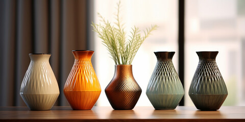 Fototapeta na wymiar vases on a table,,Close up arrangement of modern vases