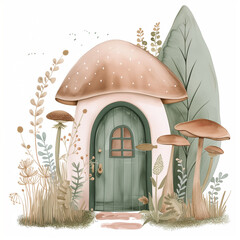 Fairy door: A magical, cute fairytale mushroom house with a small wooden door and a lush floral garden. Watercolor illustration isolated on a white background, an enchanting and whimsical atmosphere.