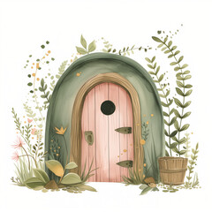 Green fairy house with a pink door, adorned with flowers, leaves, and ivy. Watercolor illustration isolated on a white background, creating a charming and whimsical scene.