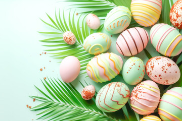 Obraz premium Spring Easter composition with sweets chocolate eggs artfully arranged among palm fronds, perfect for seasonal advertising, festive greetings, and celebrating joy and renewal that holiday brings