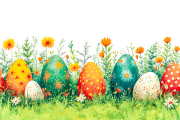 Vibrant Easter eggs adorned with playful patterns nestle in a lush spring meadow, creating a cheerful and colorful banner that embodies the joyful essence of the Easter holiday