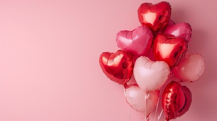 Arrangement of red and pink heart-shaped balloons against a soft pink background. 