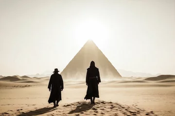 Foto op Canvas silhouettes of treasure hunters walking through the desert to the pyramid in search of profit, cinematic photo © Денис Богдан
