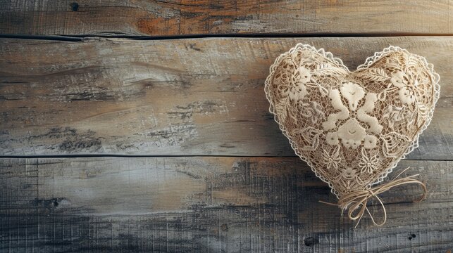 An intricate heart made of vintage lace against a rustic wood background, framing a clear space for text. 