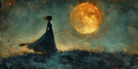 A lonely woman under the moon is a surreal illustration depicting the beauty and emotion of a magical night.