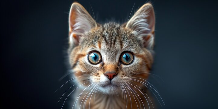 Curious tabby kitten, cute and playful, looks with adorable eyes and fluffy behavior.