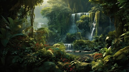 Fototapeta premium Flourishing rainforest with dense, vibrant vegetation. Rich biodiversity, verdant greenery, lush wilderness, thriving ecosystem. Generated by AI.