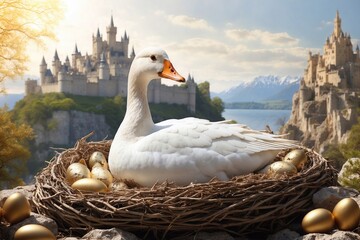goose carries golden eggs on the background of a fairy-tale castle - obrazy, fototapety, plakaty