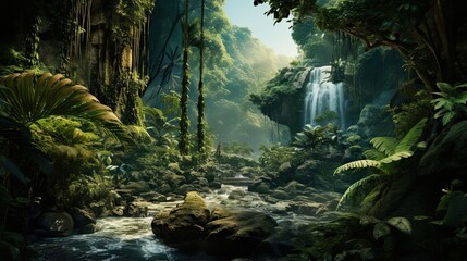 Verdant rainforest with a dense canopy of vibrant vegetation. Rich biodiversity, flourishing greenery, lush wilderness, tropical abundance, vibrant ecosystem. Generated by AI.