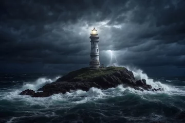 Rolgordijnen lighthouse on island at night, storm clouds with lightning, cinematic light, storm in the ocean, waves hit the shore © Денис Богдан