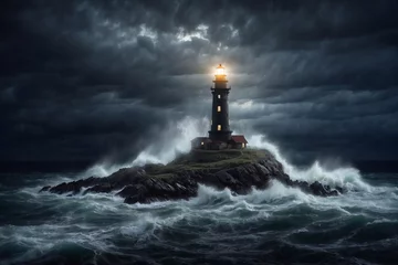 Foto op Aluminium lighthouse on island at night, cinematic light, storm in the ocean, waves hit the shore © Денис Богдан