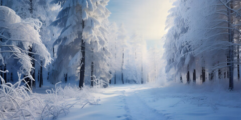 Frosty winter landscape in snowy road. Christmas background with fir trees