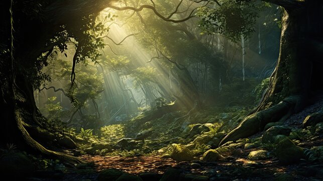 Veiled forest hidden in mystical mist, hosting ancient gnarled trees. Enchanting fog, ancient woodland, gnarled branches, enchanted glade. Generated by AI. - Powered by Adobe