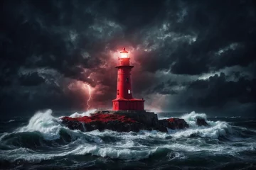 Poster red lighthouse on island of the sea at night, red light, storm in the sea view © Денис Богдан