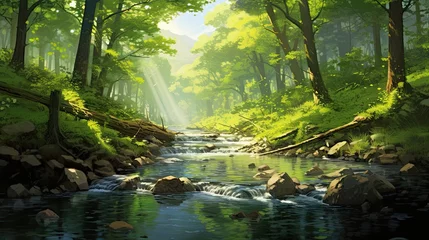 Foto op Aluminium Peaceful river snaking through a serene, sun-kissed forest. Tranquil waterway, dappled sunlight, serene woodland. Generated by AI. © Татьяна Лобачова