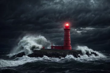 Rolgordijnen red lighthouse on island of the sea at night, storm in the sea © Денис Богдан