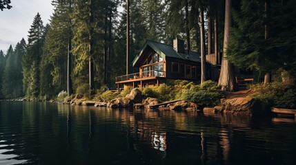 Peaceful lakeside bungalow embraced by tall, serene pines. Tranquil waterside cabin, secluded forest haven, serene retreat. Generated by AI.