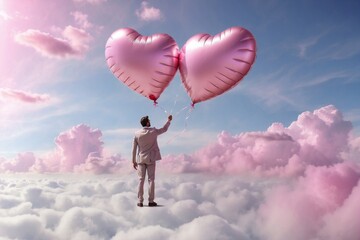 businessman holding pink heart shaped balloons, on clouds dream, return to childhood - obrazy, fototapety, plakaty