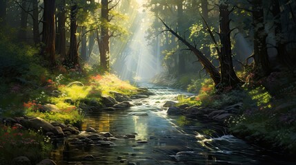 Peaceful river gently flowing through a sun-drenched, tranquil forest. Tranquil waterway, sunlit woodland, serene flow. Generated by AI.