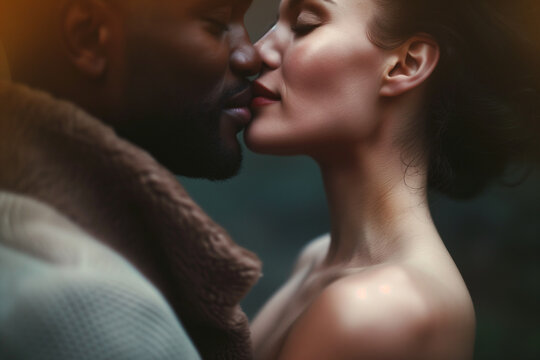 An intimate close up of a diverse couple embracing, their cheeks touching softly in a serene, dimly lit setting.