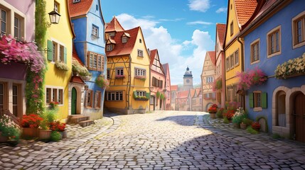 Fototapeta premium A delightful town boasting picturesque cobblestone streets. Quaint village, historic cobblestone pathways, old-world allure. Generated by AI.
