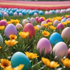 Fototapeta na wymiar Easter Eggs in a flower field