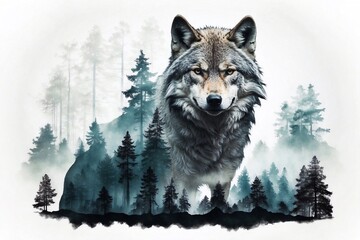 wolf in winter forest illustration, wildlife symbol