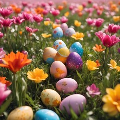 Fototapeta na wymiar Easter Eggs in a flower field