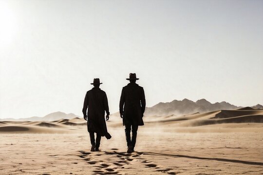 cowboys walking in desert, banner photo,  silhouette of man 