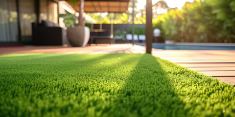 modern home with a backyard with artificial grass - obrazy, fototapety, plakaty