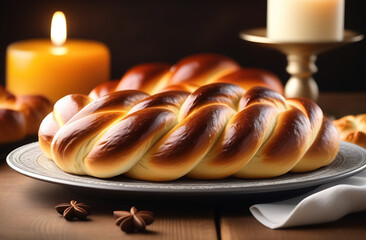 Challah, braided bread with candles on the table, Jewish holiday food, Hanukkah. Sabbath kiddush ceremony composition. - obrazy, fototapety, plakaty