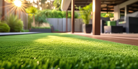 modern home with a backyard with artificial grass - obrazy, fototapety, plakaty
