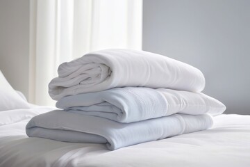 Fototapeta na wymiar Hotel Towel pile in white hotel room, linens and towels in the bed. Mockup sale concept
