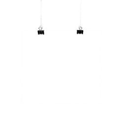 Blank white poster hanging on ropes. Transparent PNG