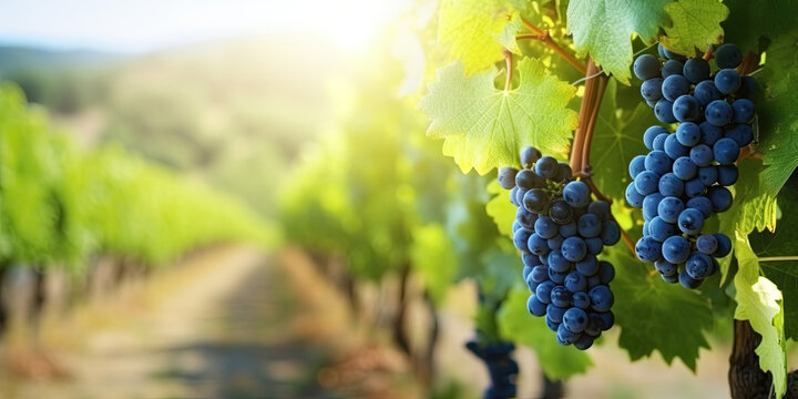 bunch of grapes on vineyards background, black purple grapes in the vineyard with the sun shining 
